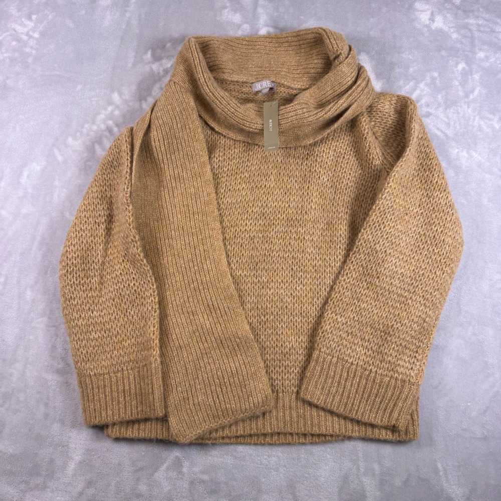 J.Crew Womens Camel Tan Alpaca Wool Blend Scarf Neck Pullover Sweater M NEW